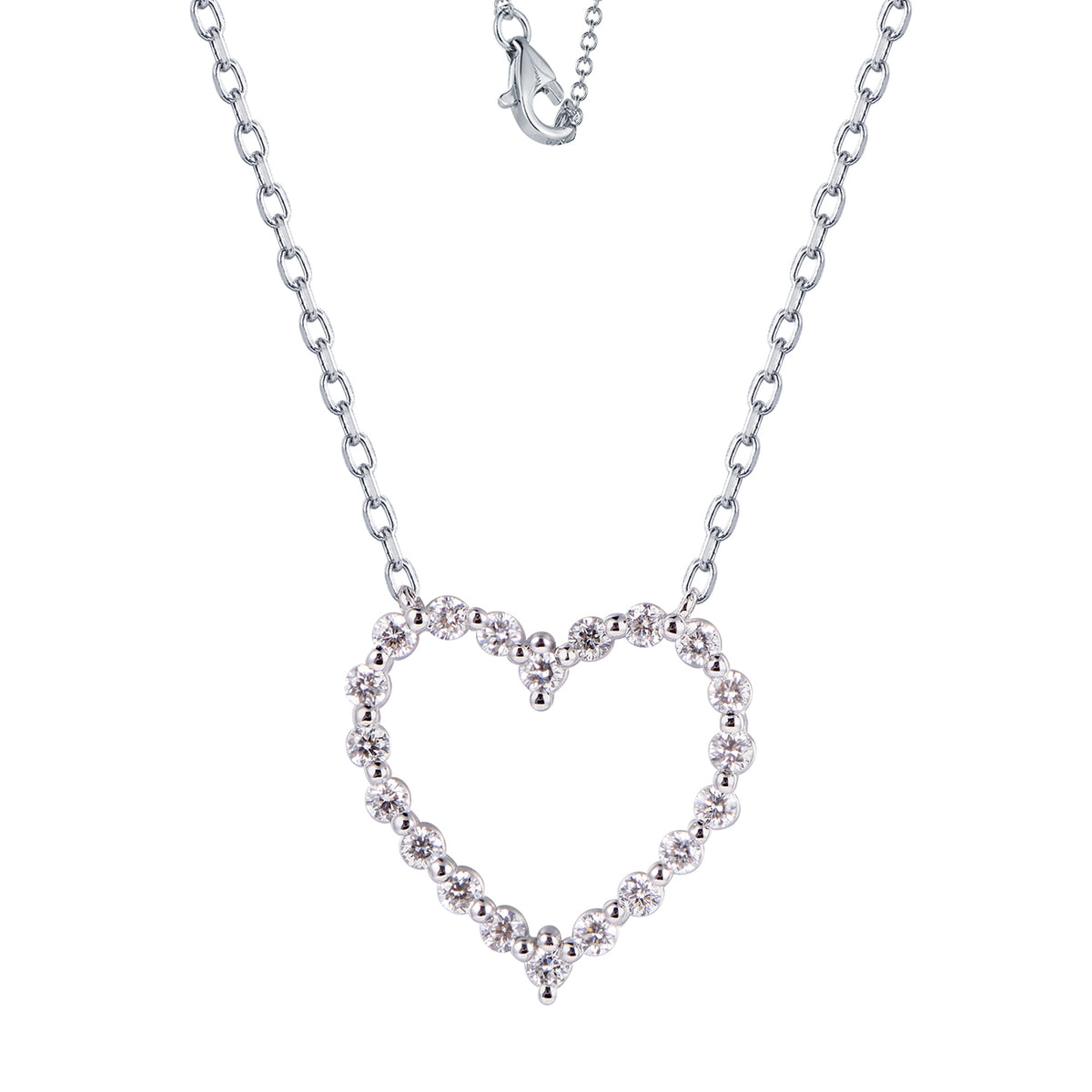 A silver heart-shaped necklace with a delicate open heart pendant encrusted with small clear stones, shown on a plain white background.