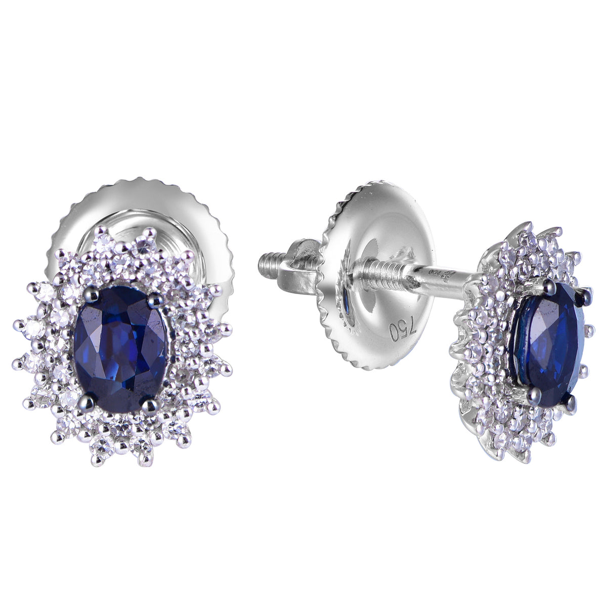 14K white gold stud earrings featuring oval blue sapphires surrounded by a halo of brilliant diamonds