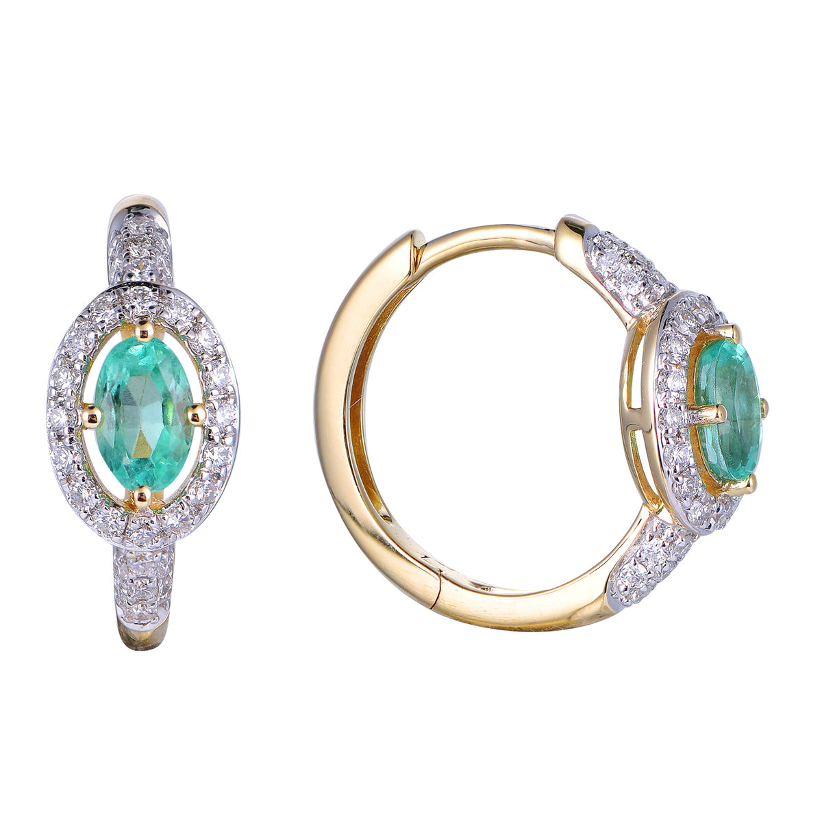 14K Yellow Oval Emerald and Diamond Earrings