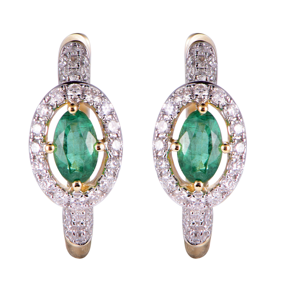 14K Yellow Oval Emerald and Diamond Earrings