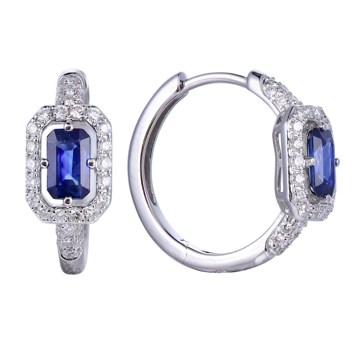 14K white gold sapphire and diamond halo huggie earrings with emerald-cut blue sapphires and round brilliant diamond accents.