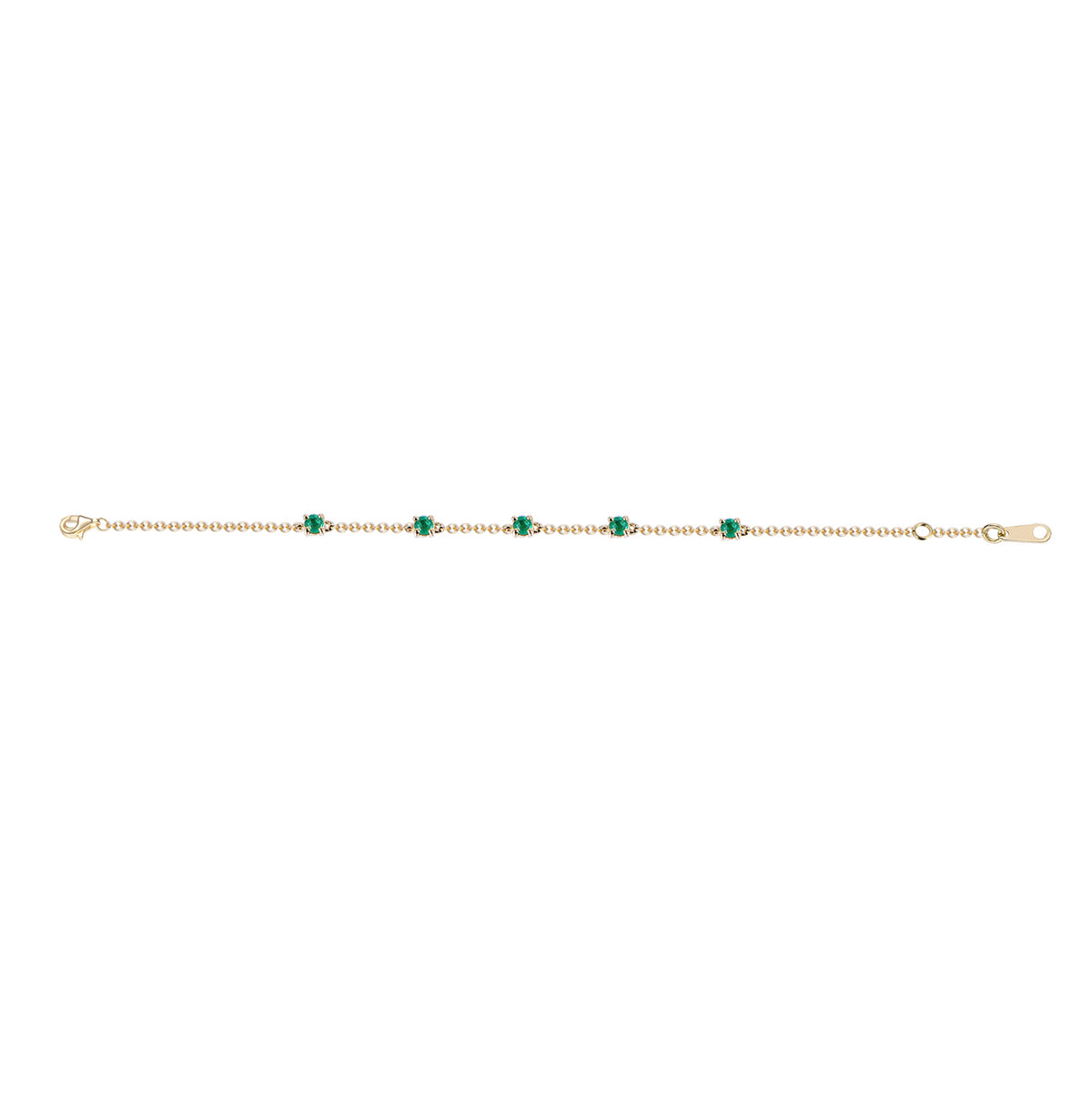 A delicate gold chain bracelet featuring five small green square-cut stones spaced evenly along the chain, shown against a plain white background.