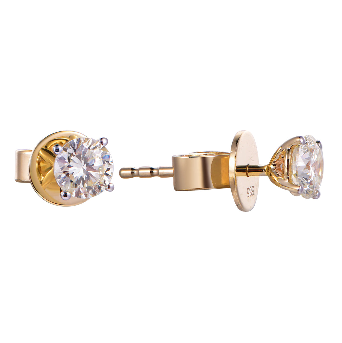 A pair of yellow gold stud earrings with round brilliant-cut clear gemstones, shown from the front and side on a plain white background. The side view reveals a post, backing, and a '925' silver purity stamp on the flat back.
