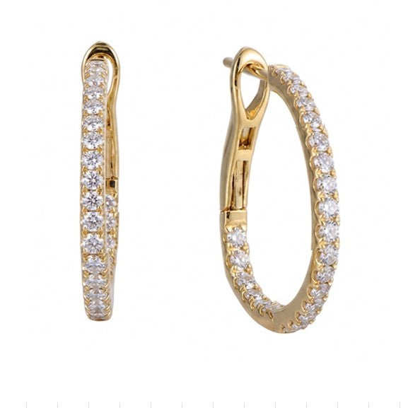A pair of gold hoop earrings paved with small clear stones, shown from two angles on a plain white background.