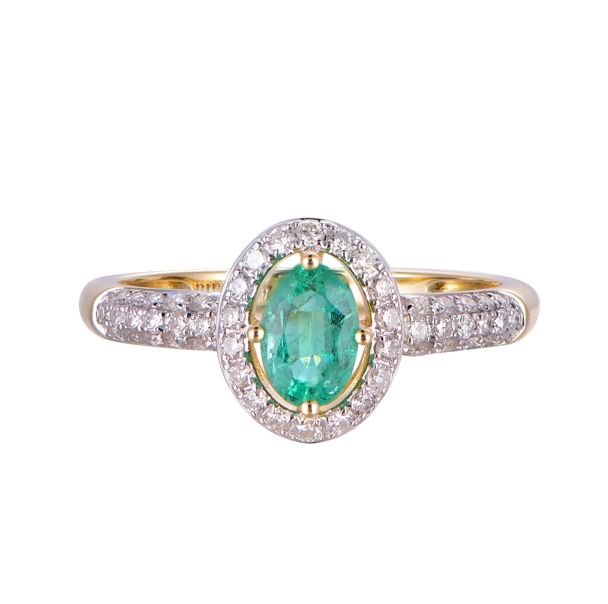 14K yellow gold ring featuring an oval emerald surrounded by a halo of diamonds with diamond-set shoulders.