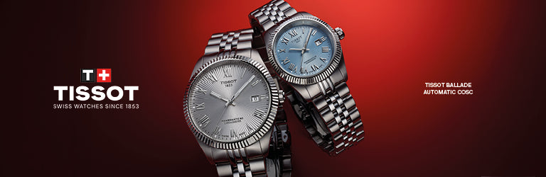 Two Tissot watches on a red background with Tissot branding.