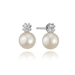 14K White Gold Diamond and Freshwater Pearl Stud Earrings