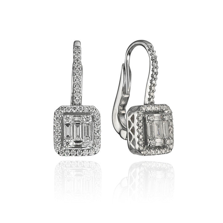 18K White Gold Diamond Halo Dangle Earrings