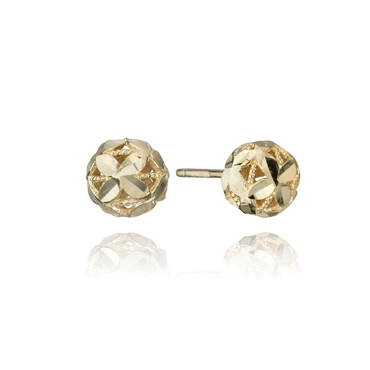14K Yellow Gold Flower Ball Stud Earrings