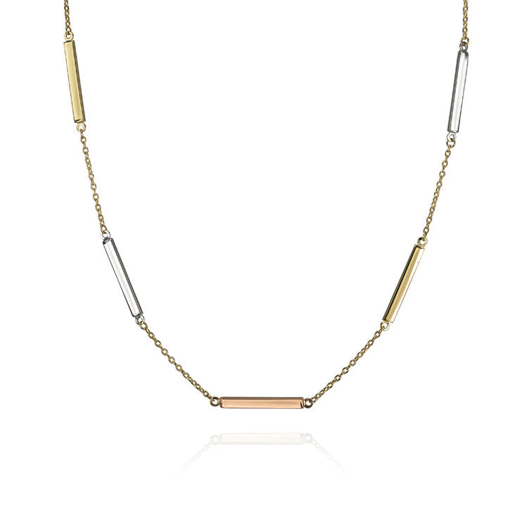 18k Yellow Gold Rolo Link Triple Coloured Bar Necklace