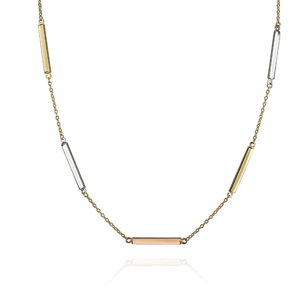 18K Yellow Gold Rolo Link Triple Coloured Bar Necklace