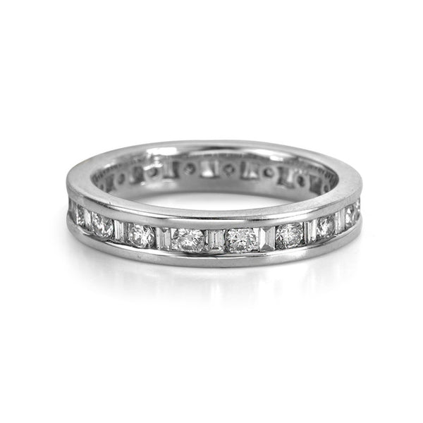 14K White Gold Channel Set Round and Baguette Diamond Ring