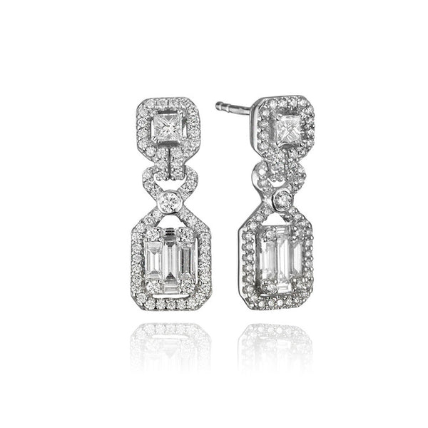18K White Gold Emerald Cut Diamond Halo Drop Earrings