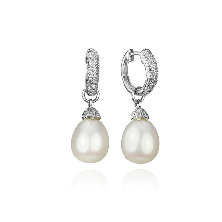 14K White Gold Pearl and Diamond Drop Earrings