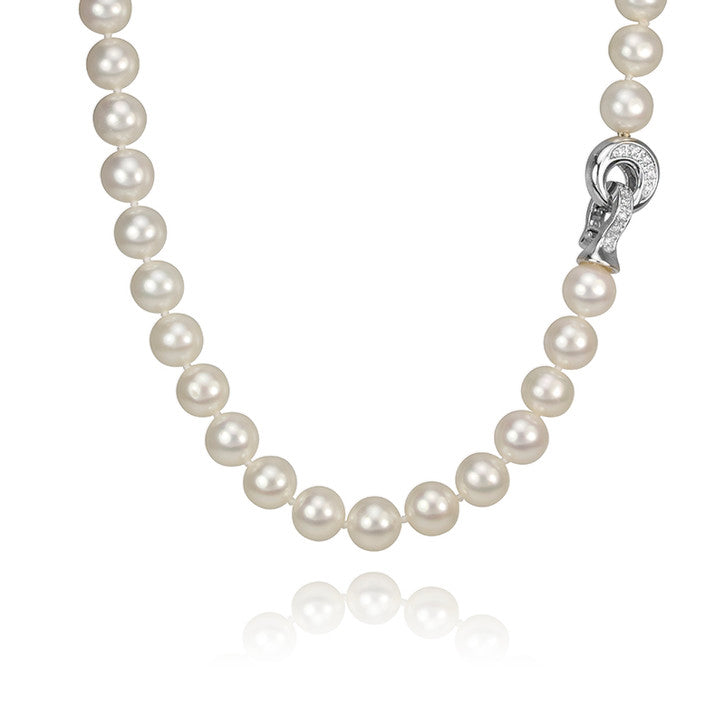14K White Gold and Diamond Freshwater Pearl Necklace