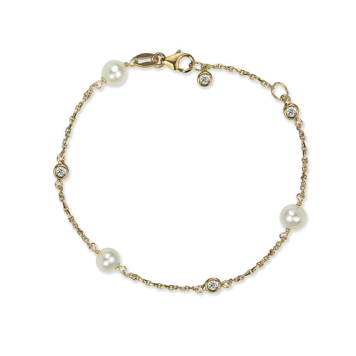 14K Yellow Gold Freshwater Pearl and Cubic Zirconia Bracelet
