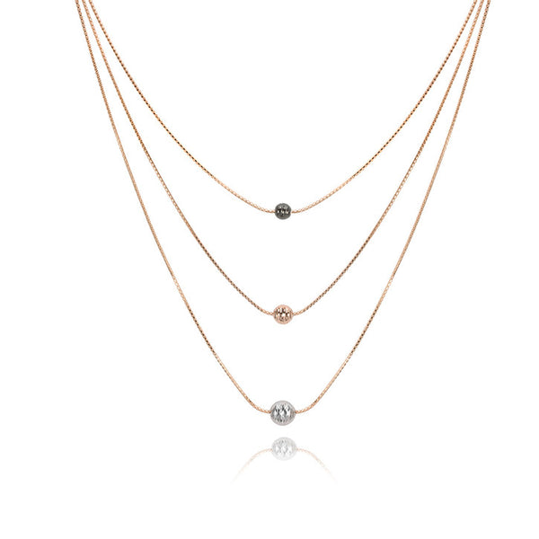 18K Rose Gold Multi Strand Necklace with Tri-Coloured Ball Charms