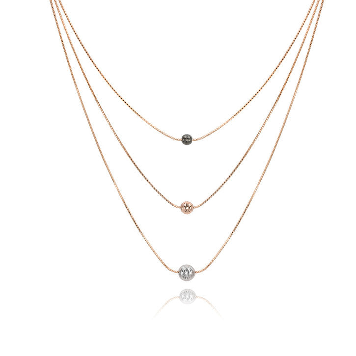 18K Rose Gold Multi Strand Necklace with Tri-Coloured Ball Charms
