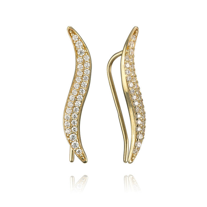 14K Yellow Gold and Cubic Zirconia Curved Bar Earrings