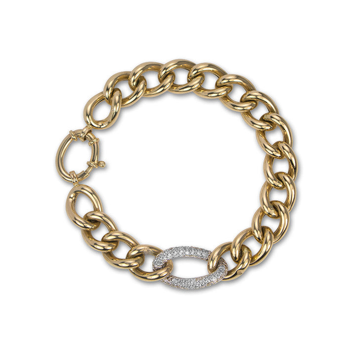 14K Yellow Gold Curb Link Bracelet with Cubic Zirconia Rondel