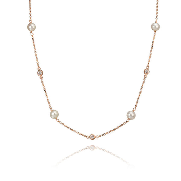 14K Rose Gold Freshwater Pearl and Cubic Zirconia Necklace