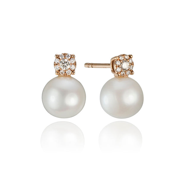 14K Rose Gold and Diamond Pearl Stud Earrings