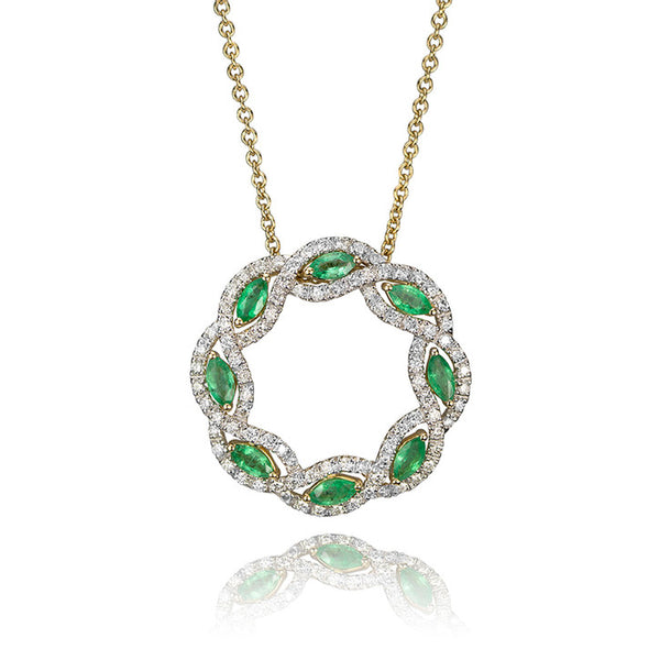 14K Yellow Gold and Diamond Emerald Halo Necklace
