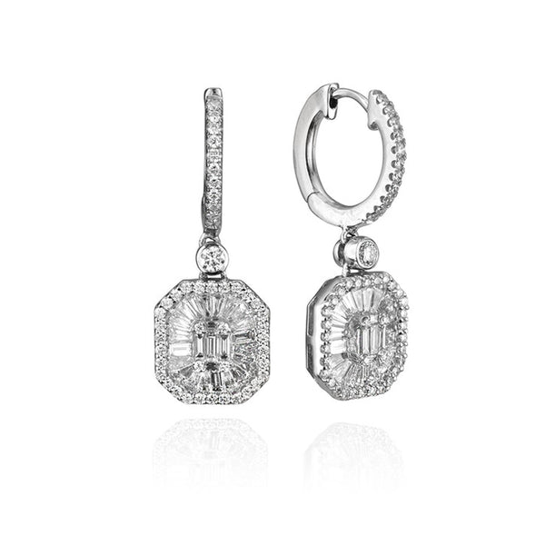 18K White Gold and Diamond Baguette Halo Drop Earrings