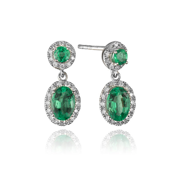 14K White Gold Diamond and Emerald Halo Drop Earrings