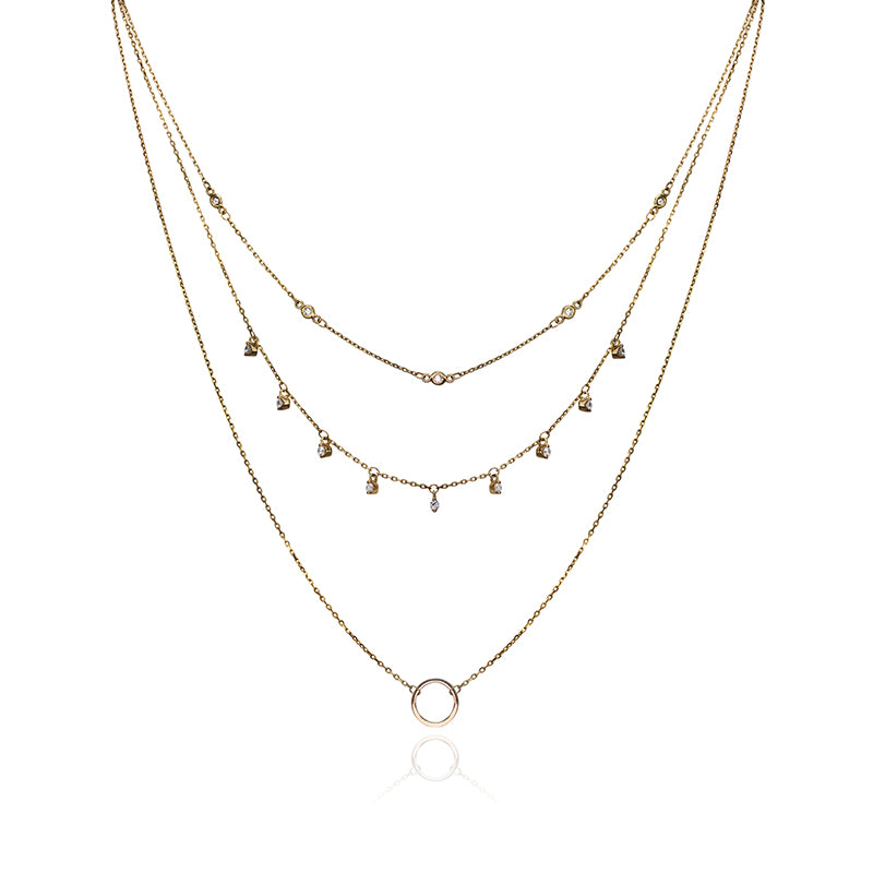 10k Yellow Gold Triple Tiered Cubic Zirconia Necklace