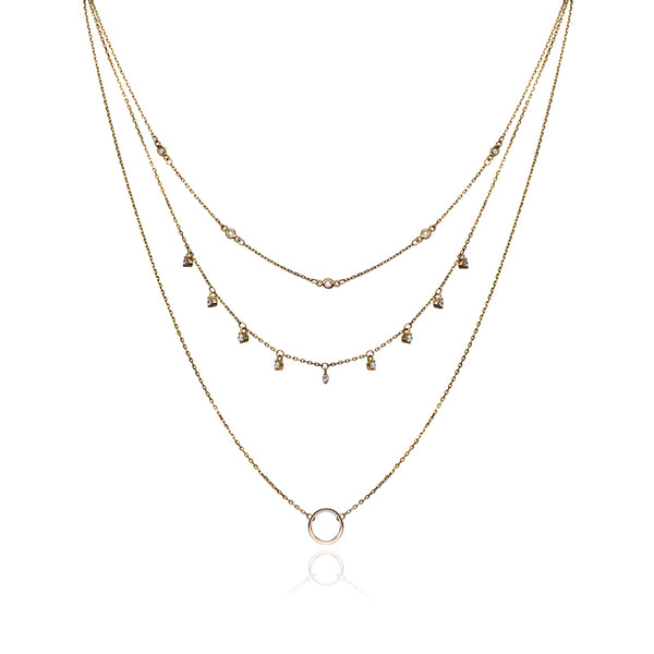 10k Yellow Gold Triple Tiered Cubic Zirconia Necklace