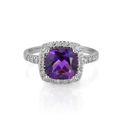 14K White Gold Amethyst and Diamond Halo Ring